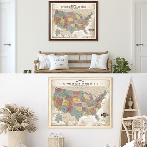 Image of DECORARTS - Personalized Push Pin Travel Map USA, Custom Name, Pin Board Canvas Wall Art, Soft Vintage Pastel United States Decor, Optional Wood Frame, Giclee Print, Handcrafted in USA, 30x24''