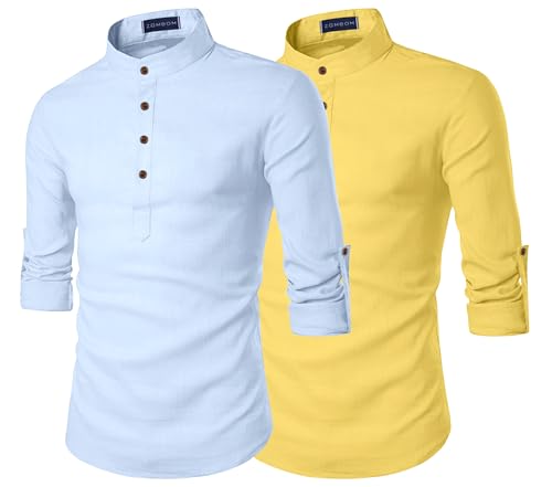 Image of Zombom Men's Combo Cotton Polyester Blend Solid Full Sleeve Straight Regular Fit Mandarin /Chinese Collor Kurta (Pack of 2)