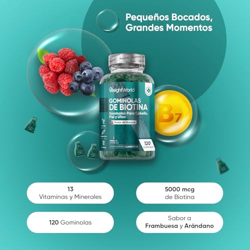 Gominolas de Biotina 5000 mcg - 120 Unidades - 13 Multivitaminas y Minerales en Gomitas con Vitamina C, E, Grupo B, D, A, Selenio, Yodo, Colina, Inositol - Suministro para 2 Meses - Vegetarianas - imagen 2