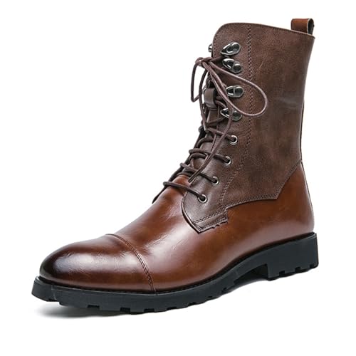 Men'S Genuine Leather Lace-Up Combat Boots Vintage Round Toe Low Heel Non-Slip Business Motorcycle Boots Autumn Work Driving Waterproof Boots