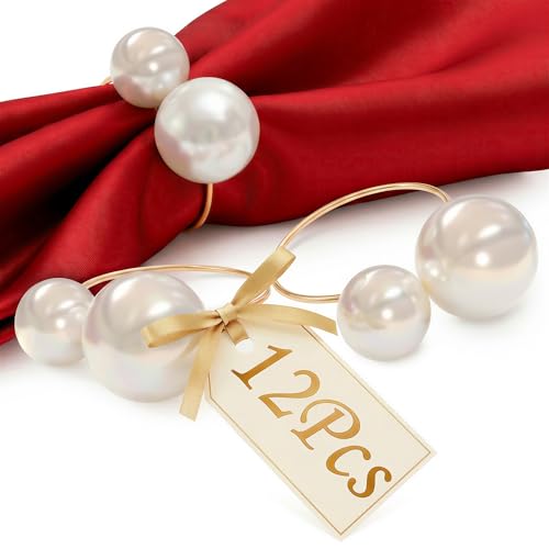 Image of Gold Pearl Napkin Rings Set of 12 - Easter Napkin Rings | Easter Table Decor with Faux Pearls | Reusable, Metal & Scratch-Resistant Finish - for Weddings, Banquets, Holiday Easter Dinner & Gift Giving