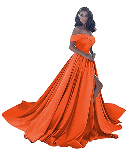 Ball Gown,Off Shoulder Prom Dress Long Ball Gown Formal Satin Wedding Dress Split with Pockets Orange US16