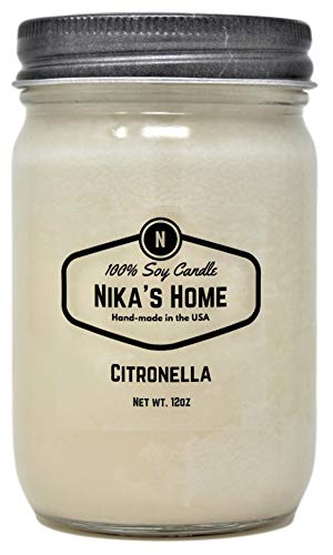 Nika's Home Citronella Soy Candle 12oz Mason Jar Non-Toxic Natural White Soy Handmade, Long Burning 50-60 Hours Highly Scented All Natural, Clean Burning Candle Gift Décor