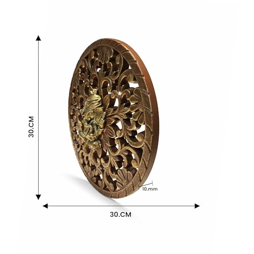 Image of Art Street Ganesha Wall Plaque with 3D Embossed Floral Design, MDF Round Plaque, Gold Antique Finish, Lord Ganesha Idol for Pooja Room, Living Room, or Office, Traditional Hindu Wall, 30x30 cm