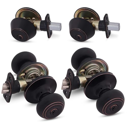 Honeywell Safes & Door Locks - 2 Pack Entry Door Knob with Deadbolt Lock Set for Front Door - Interior/Exterior Door Lock Fit's Standard Size Doors - Anti Bump Resistant - Oil Rubbed Bronze - 8101406 by Honeywell - Used condition - US$39.61