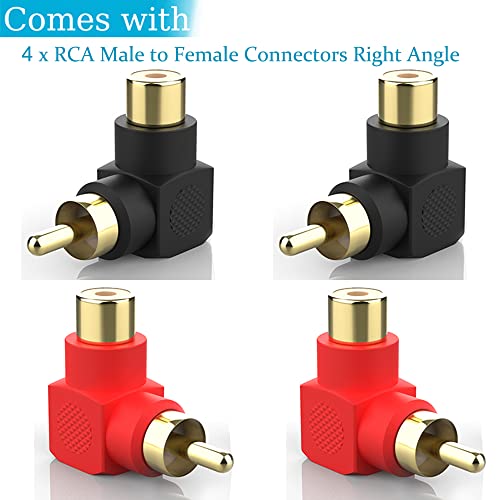 Warmstor RCA Male to RCA Female Connectors Right Angle 4-Pack, RCA M/F Adapters 90 Degree Elbow Gold-Plated (2 Black + 2 Red) - Thumbnail 2