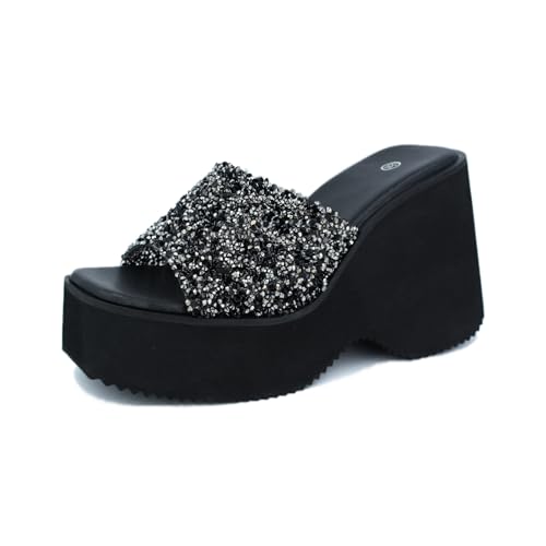 SIYAKE Women'S Sequin Round Open Toe Platform chunky heel Slide Sandals Fashion Glitter Slip On Comfortable Wedge Dress Mule Sandals Summer Outdoor Casual Anti-Slip Beach Walking Slipper Shoes (Black,8.5)