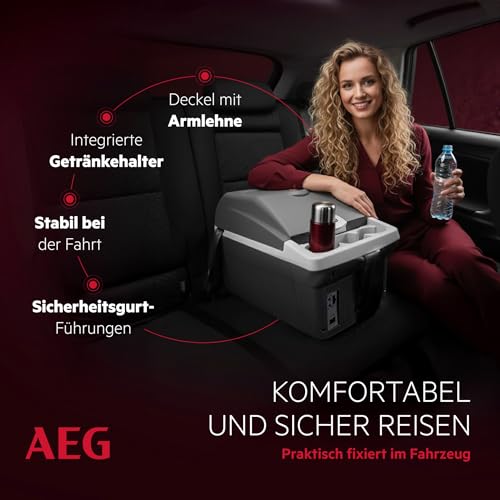 AEG Automotive Board-Bar BK 16 Thermoelektrische Kühl- und Warmhaltebox 16 Liter, 12 Volt für Auto und Steckdose, anschnallbar im PKW, Schwarz,hellgrau