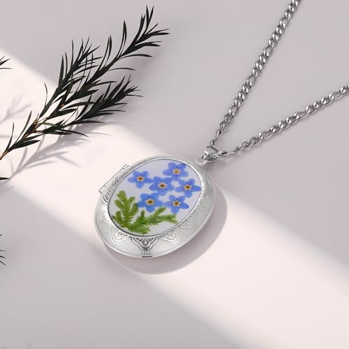 Locket Necklace Photo Lockets that Hold Picture | Forget-Me-Not and Plant Pressed Flower Locket Necklace | Polished Oval Pendant | Chain 25.6"3