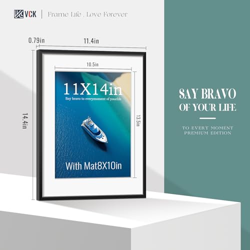 Image of VCK 11x14 Picture Frame Black Metal, Real Glass, 8x10 Mat, for Print