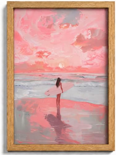 Framed Pink Surfer Girl Canvas Wall Art,Sunset Girly Picture Wall Decor