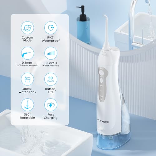 Image of Mornwell Water Dental Flosser Teeth Pick for Teeth, Portable Cordless Water Flossers Oral Irrigator with 10 Intensity 4 Jet Rechargeable IPX7 Waterproof Water Tank Flosser Electric Travel (White)