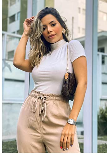 Blusa Gola Alta Branca Manga Curta Justa Under79 Canelada em Viscose (G)