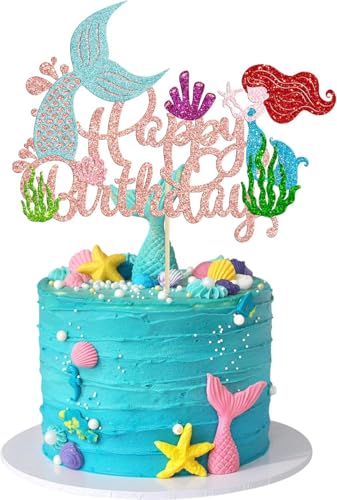 1Pcs Glitter Mermaid Happy Birthday Cake Topper Under the Sea Mermaid Tail Cake Decorations for Birthday Baby Shower Party Supplies (Rose Gold A)