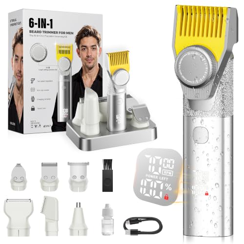 Beard Trimmer for Men, 6-in-1 Men's Grooming Kit,IPX7 Waterproof Wet/Dry, 2-Speed electric razor for men, Easy-Swap Magnetic Heads, LED Display, 20-Length Dial, 4.5-hour battery life,USB-C,Argent