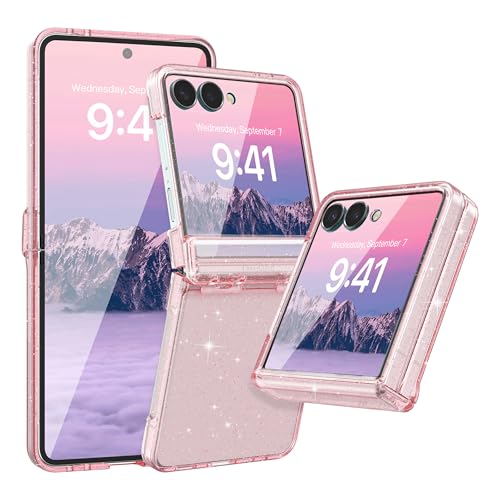 FABSPARK Case for Samsung Galaxy Z Flip 7 Built-in Screen Protector,Hinge Protection,Sparkly Bling Glitter Crystal Clear Transparent Slim Fit Acrylic Hard PC for Samsung Z Flip 7 Case,Glitter Pink
