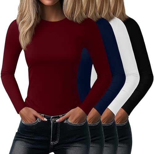 Neer 4 Pack Women's Long Sleeve Shirts Crew Neck Cotton Slim Fittd Tops Stretchy Casual Tight Basic Tees 2025 Fall
