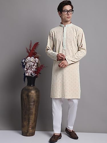 Image of Jompers Men's Regular Fit Cotton Chikankari Embroidered and Sequence Kurtas