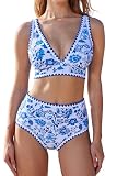 MOOSLOVER Women Bikini Sets Plunging High Waisted Swimsuit Whip Stitch 2 Piece Bathing Suits(M,Blue Floral)