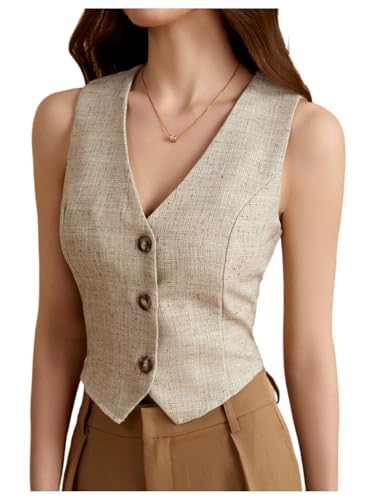 Women's V Neck Cropped Vest Top Button Down Sleeveless Business Casual Blazer Vest