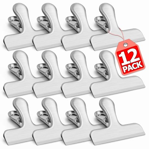 VNDUEEY 12 Pack Stainless Steel Chip Clips, Bag Clips for Food, Heavy Duty Snack Clip Metal Clip to Seal Coffee Bags, Ideal for Office and Kitchen Use, Binder Clip Large - 3 Inches, Silver