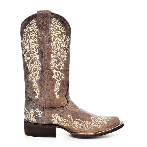 CORRAL LADIE'S BROWN CRATER BONE EMBROIDERY SQ. TOE, LEATHER WITH RUBBER INSERT SOLE, WESTERN A26632