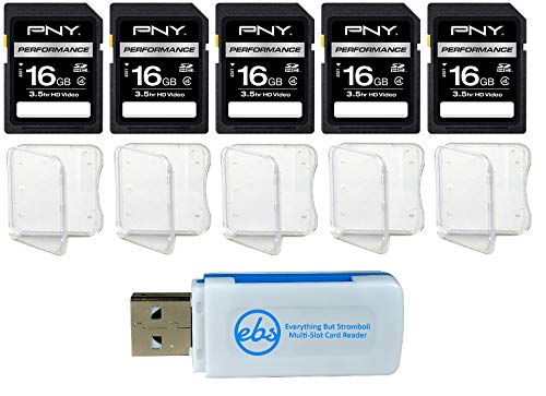 PNY 16GB Performance SD Memory Card (5 Pack) Class 4 SDHC (P-SDHC16G4H-GE) with Five SD Plastic Jewel Cases Bundle with (1) Everything But Stromboli Card Reader with SD & Micro (TF) Slots