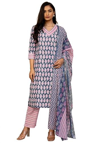Image of MIRCHI FASHION Women's Straight Fit Pure Cotton Floral Printed Kurta Set with Dupatta and Pant