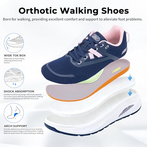 Image of PERSOUL Wide Toe Box Walking Shoes Women Arch Support Tennis Orthotic Sneakers for Plantar Fasciitis Flat Feet Pain Relief US Size 6-11