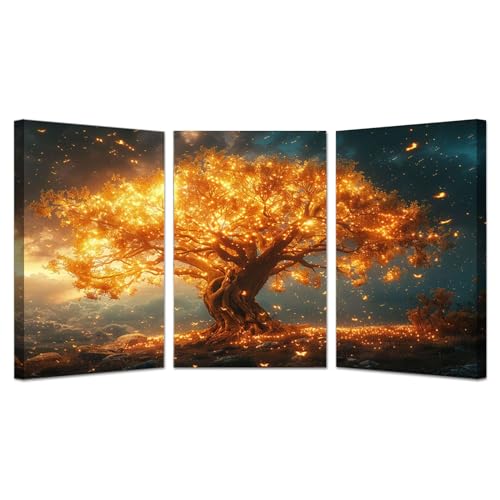 Tableau sur toile arbre de vie JOSUE triptyque abstrait or et noir aux finitions luxueuses