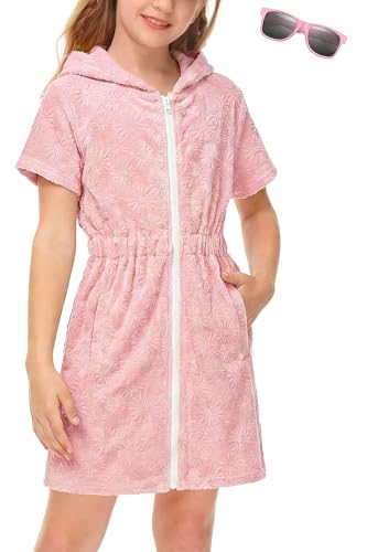 BesserBay Mädchen Handtuch Badeponcho mit Kapuze Taschen Elastischer Bund Zip Kinderbademantel Hellrosa Blumen 130