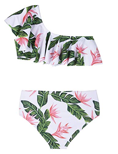 Hilor Girl's Bikini Set Crop Flounce Two Piece Swimsuits Kids One Shoulder Bathing Suits Green Leaves 9-10 Years #TOP1
