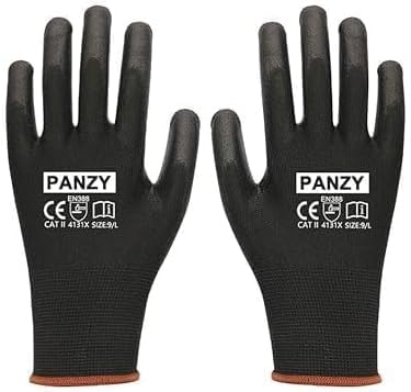 Image of Panzy Pack of 12 or 24 Black Safety Work Gloves, Outdoors PU and Nylon Non-Slip Work Handling Gloves, Good Dexterity Protective Gloves (24, Small (7))