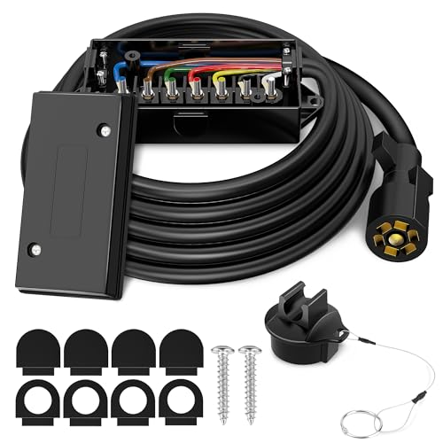 WOLFWILL 8ft 7 Way Trailer Plug Cord with 7 Gang Junction Box 7 Pin Trailer Wiring Harness Heavy Duty 7-Pin Trailer Cord Wire Cable with Waterproof Junction Box
