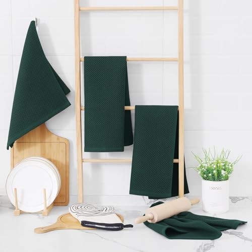 Image of Homaxy 100% Cotton Waffle Weave Kitchen Dish Towels, Ultra Soft Absorbent Quick Drying Cleaning Towel, 13 x 28 Inches, 24-Pack, Blackish Green