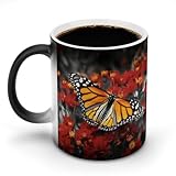 HLBSDM Taza de café de cerámica con diseño de mariposa sobre flor roja, que cambia de color, sensible al calor, divertida, mágica, para té, regalo novedoso para cumpleaños, hombres y mujeres.