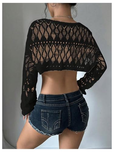 Verdusa Women's Crochet Shrug Y2K Lightweight Summer Cardigan Bolero Shrug Hollow Out Long Sleeve Knit Top2