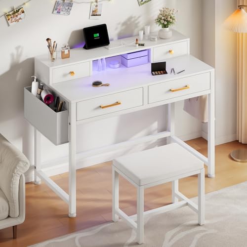 YITAHOME Vanity Desk with Lighted Strip & Charging Station, Makeup Table with 4 Drawers and Padded Stool, Mirror Not Included