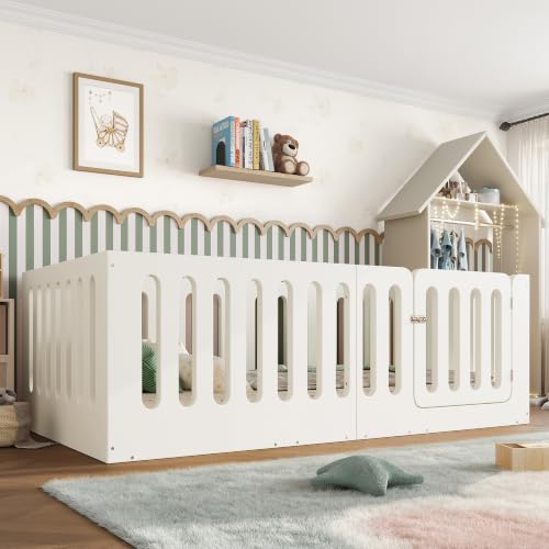 Image of Bellemave Twin Montessori Floor Bed Frame,Beige | Solid wood kids montessori floor bed with high safety fence & door, low to ground design for girls and boys