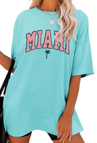 Women Miami Florida Oversized Graphic 80s Style T-Shirt Crewneck Drop Sleeve Cityscape Casual Summer Tunic Top Water Blue S