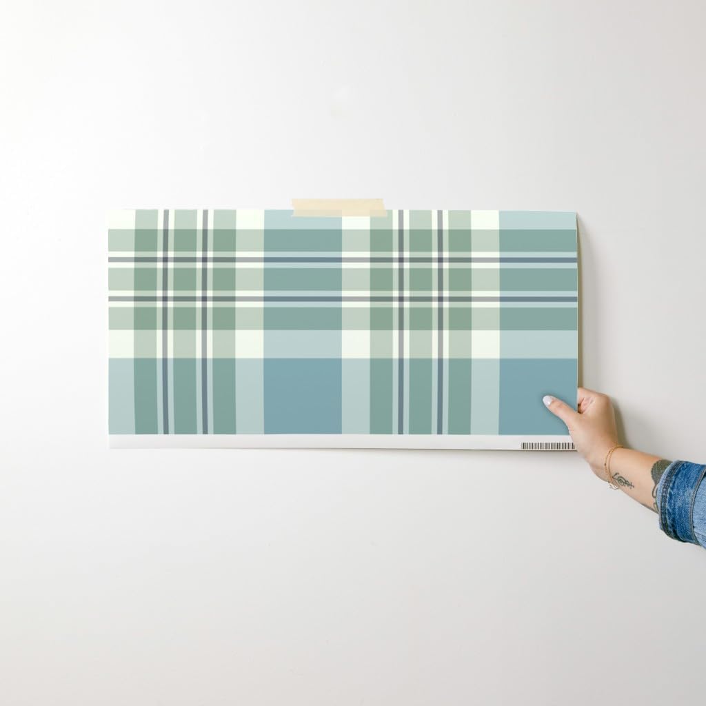 Spoonflower Removable Wallpaper Swatch - Blue Green Cream Plaid Large Scale Traditional Stripes Custom Pre-Pasted Wallpaper