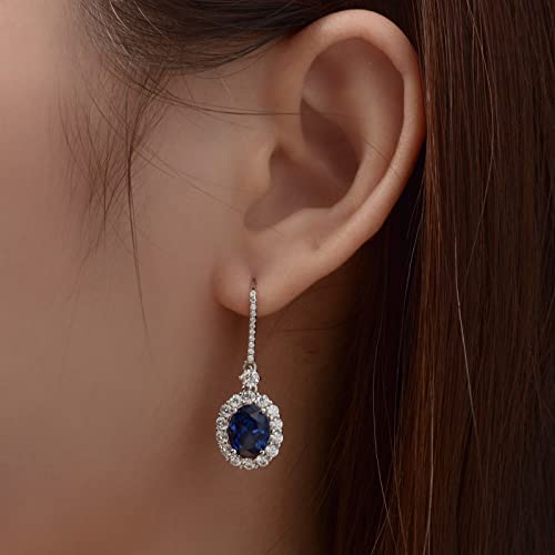 Sterling Silver Created Sapphire Earrings, Lab Simulated Blue Sapphire Earrings Oval Cut 4Ct/Pair (7X9Mm) Halo Synthetic Diamond Drop Dangle Earrings White Gold Plated Jewelry Gifts For Her Birthday Christmas Gift #TOP2