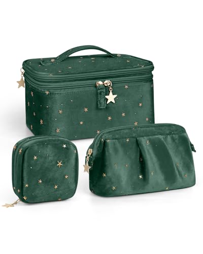 Wedama Makeup Bag, Double-layer Cosmetic Bag with Jewelry Storage and Brush Holders 3 Pcs Velvet Makeup Bag Set Travel Makeup Organizer Bags Cosmetic Case Toiletry Bag for Women Girls, Dark Green