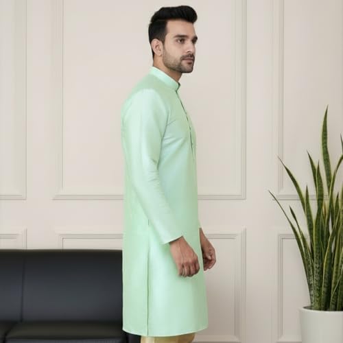 Image of Sadree Men's Silk Blend, Knee Length, Full Sleeve, Mandrin Collor, Solid Style, Attractive Colour, Solid Plain Kurtas