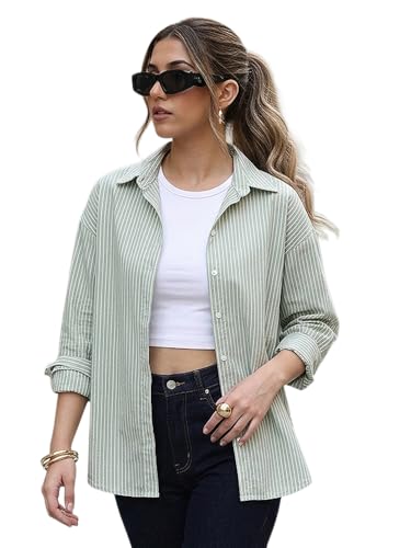 Image of Urbano Fashion Women's Cotton Full Sleeve Oversized Fit Casual Striped Shirt with Spread Collar