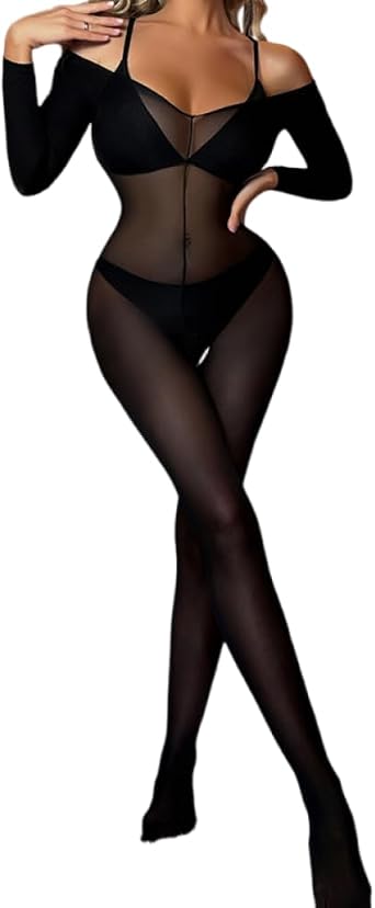 Women's Sexy See-Through Mesh Bodystocking Long Sleeve Backless Bodysuit