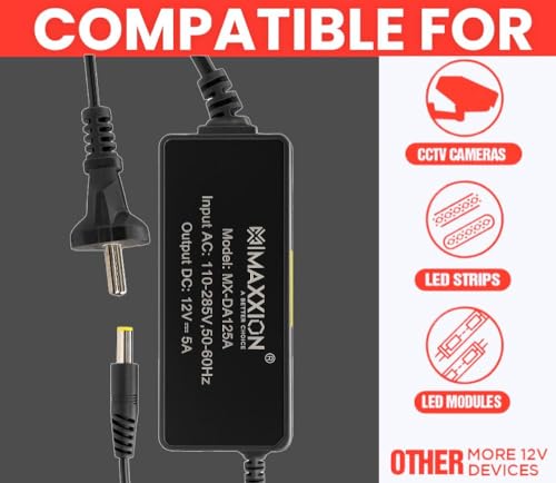 Image of 12 Volt 5 Amp (12V 5A) AC DC Adapter 12V 60 Watt DC Power Supply SMPS AC to DC Converter for Battery Charger, CCTV, LED Strip, Router, DIY Projects