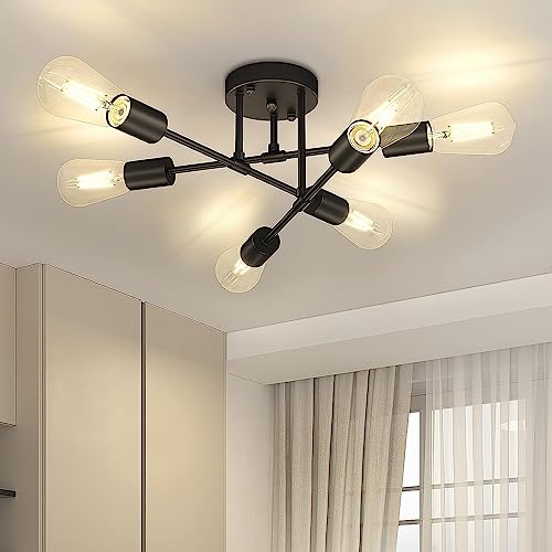 Image of Gbood Modern Semi Flush Mount Ceiling Light, 6-Lights Black Sputnik Chandelier for Bedroom Lighting, Industrial Kitchen Light Fixture Ceiling Mount for Dining Room Hallway Living Room
