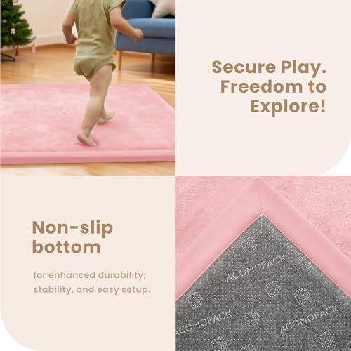 Image of ACOMOPACK Baby Play Mat for Floor,1.3 inch Thick Elasti-Foam 59 inchx71 inch Non-Slip Water Repellent,Non-Toxic Playpen Mat for Infants Toddlers Kids, Ultra Soft Coral Velvet for Tummy Time Crawling(Pink)
