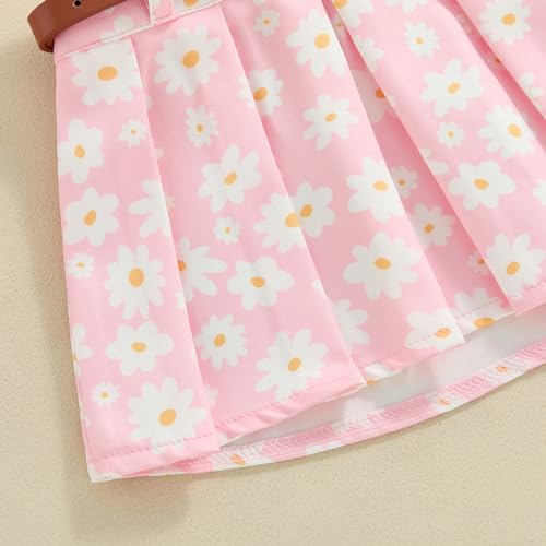 Image of BeQeuewll Toddler Baby Girl Summer Clothes Daisy Flower Girl Outfit Knit Shirt Mini Pleated Skirts Set Outfits for Grils1-4T (Pink, 2-3 Years)